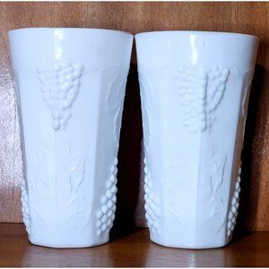 2 Colony Harvest Milk Glass Tumbler Cooler 5.75"  grape leaves embossed glasses